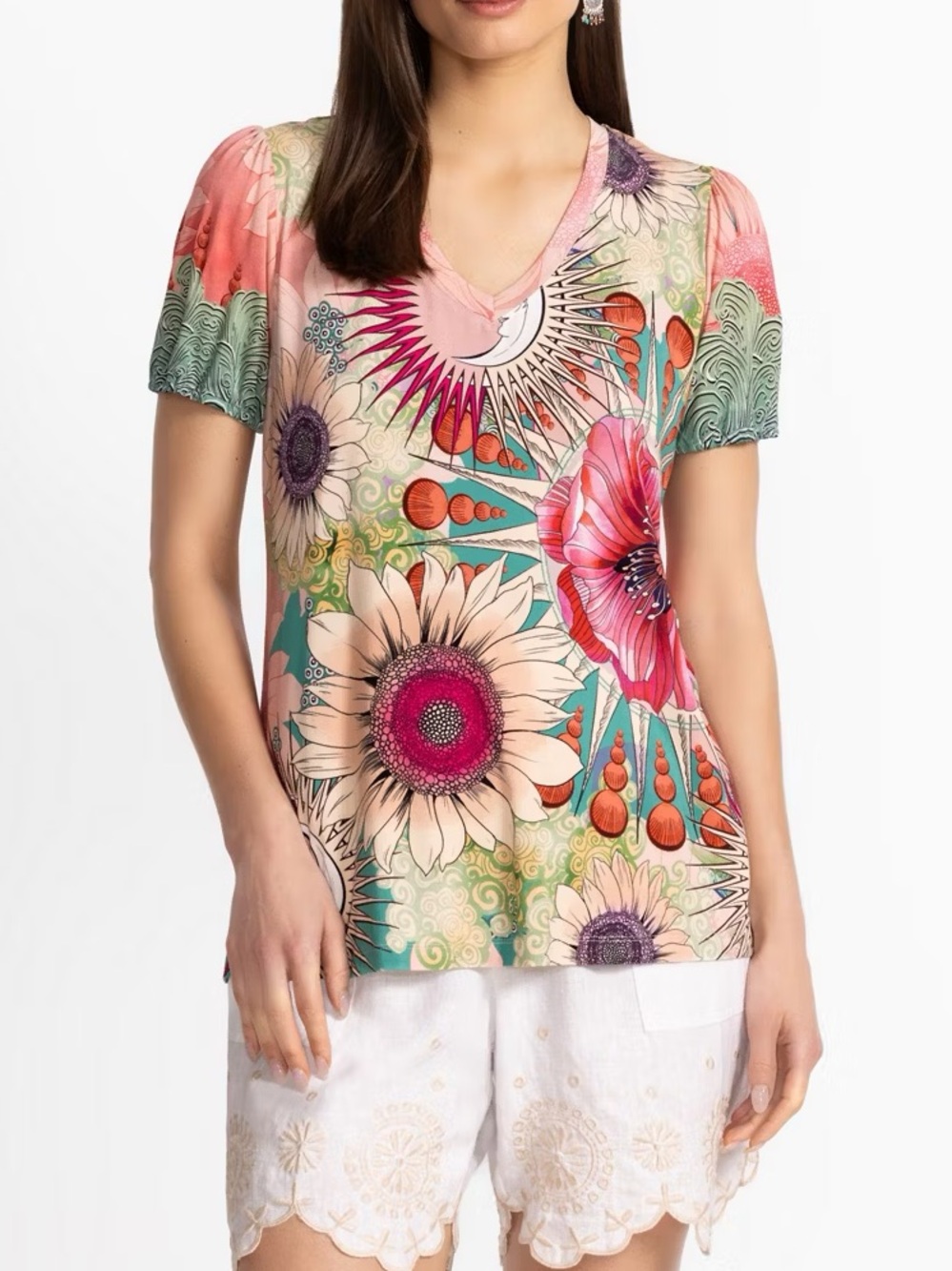 Johnny Was Woman XS Janie Favorite V‑Neck Puff Sleeve Tee In Emily NWT